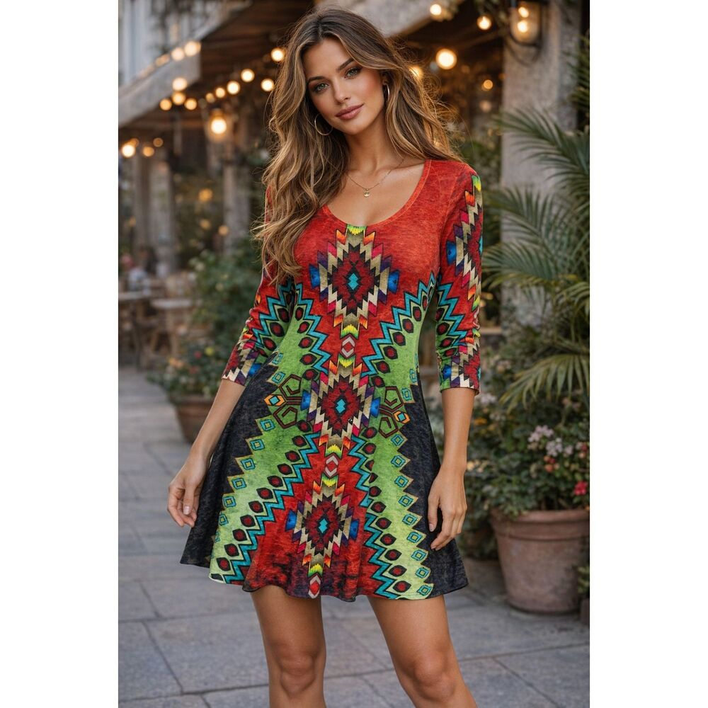 AMMA Made in LA Tribal Print Long Sleeve Tunic Dress XS